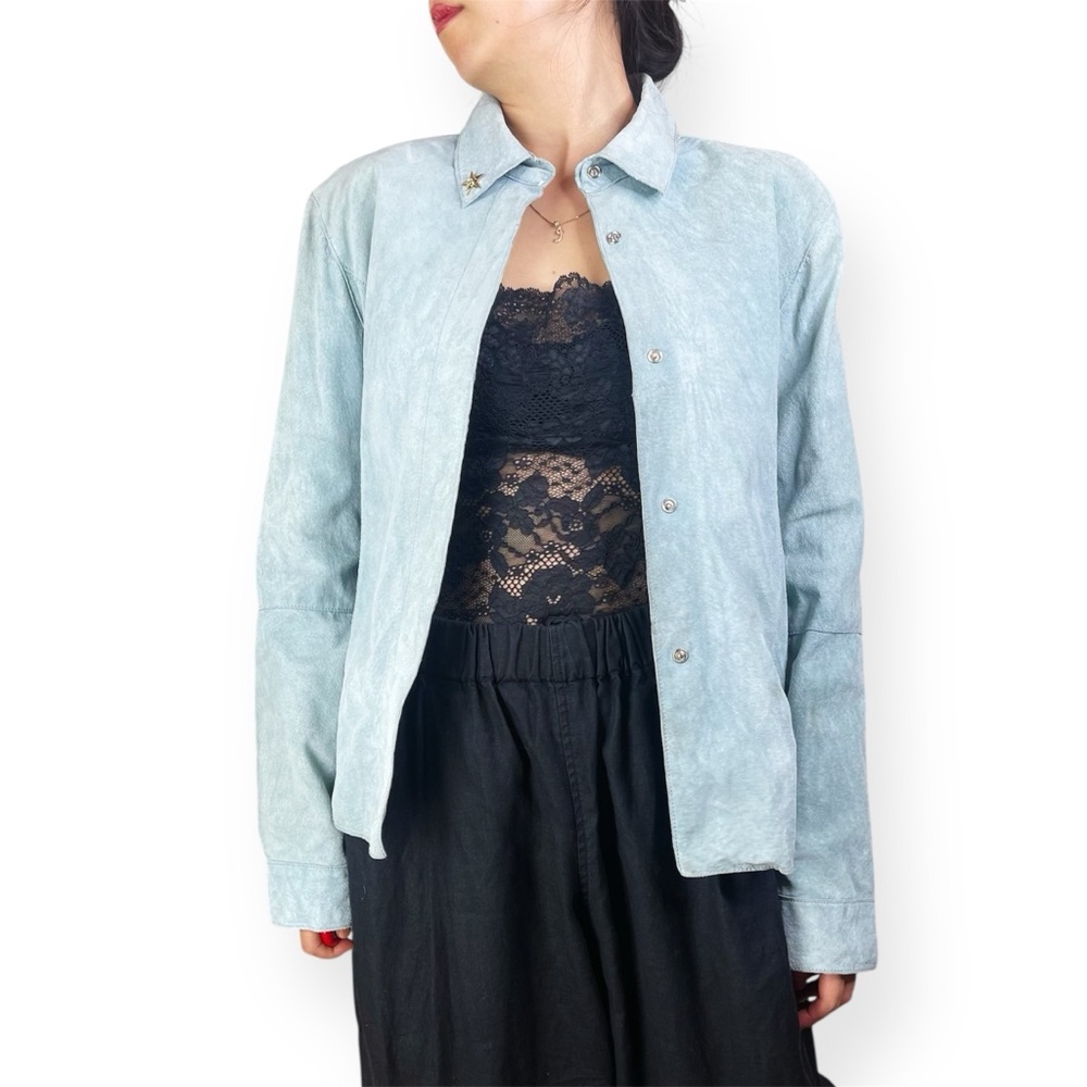 Vtg MIXIT Seafoam Green Blue Suede Leather Jacket Fits M